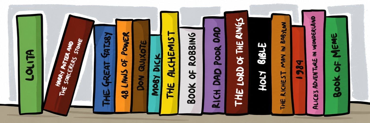 A cartoon bookshelf of famous titles with Book of Robbing among them