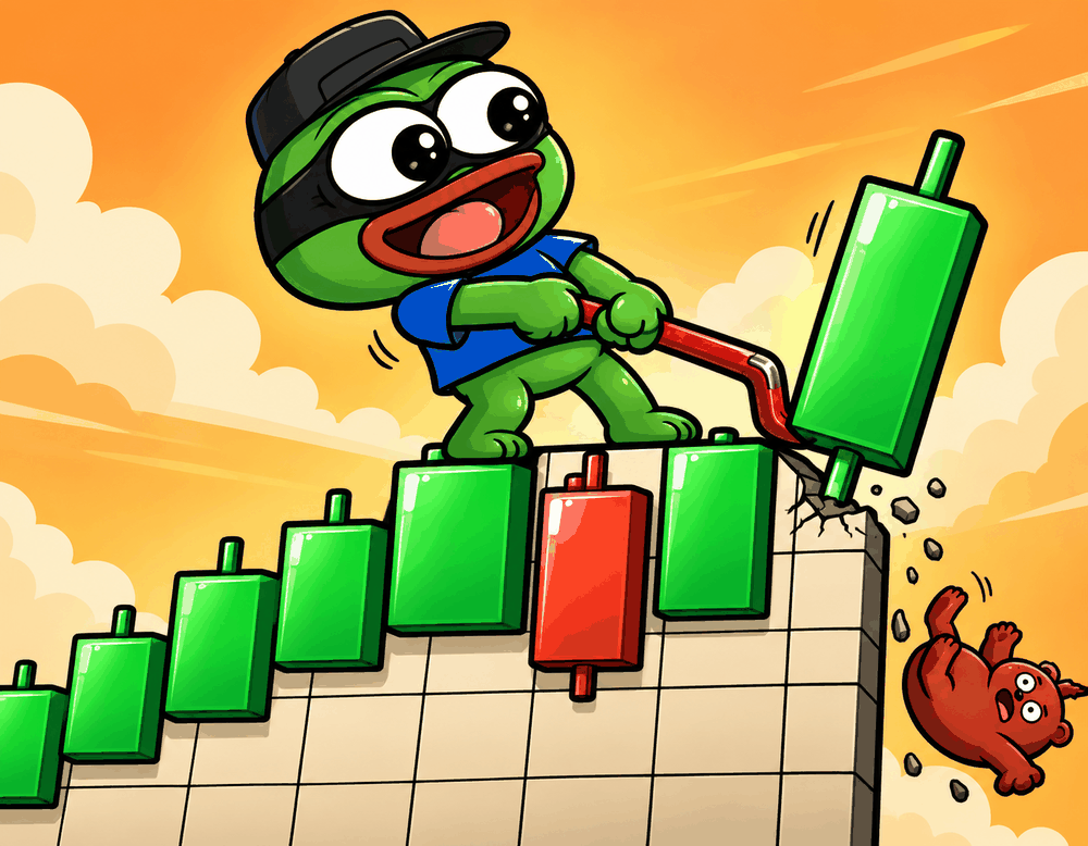 A masked bandit lifting a green candle off a price chart